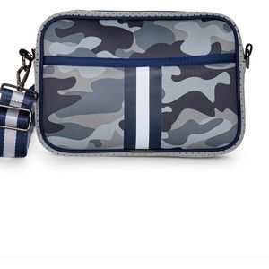 Haute Shore blue/beige/grey camo crossbody with striped strap same colors